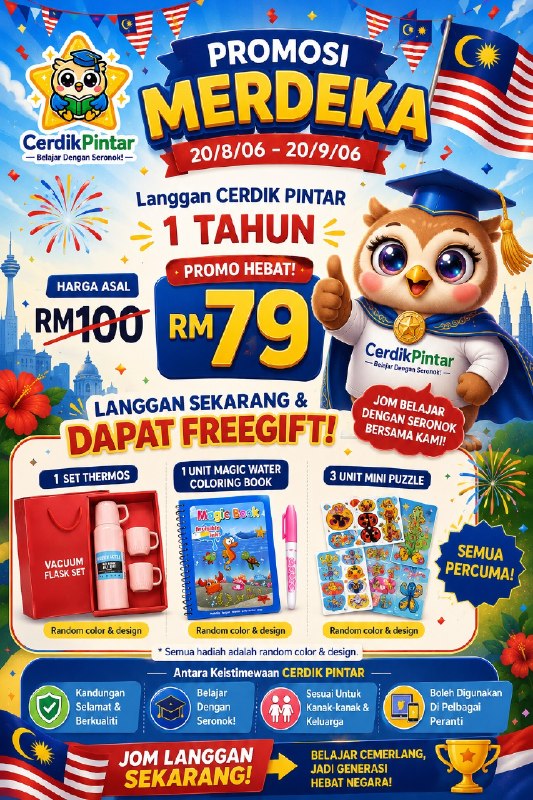 Poster Promosi Merdeka CerdikPintar — langganan 1 tahun RM79 dengan hadiah percuma
